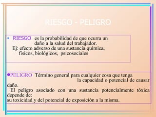 RIESGO - PELIGRO <ul><li>RIESGO :  es la probabilidad de que ocurra un  </li></ul><ul><li>daño a la salud del trabajador. ...