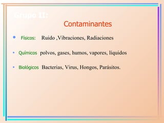 Grupo II:   Contaminantes <ul><li>Físicos:   Ruido ,Vibraciones, Radiaciones  </li></ul><ul><li>Químicos :  polvos, gases,...