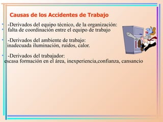 Causas de los Accidentes de Trabajo <ul><li>-Derivados del equipo técnico, de la organización:  </li></ul><ul><li>falta de...