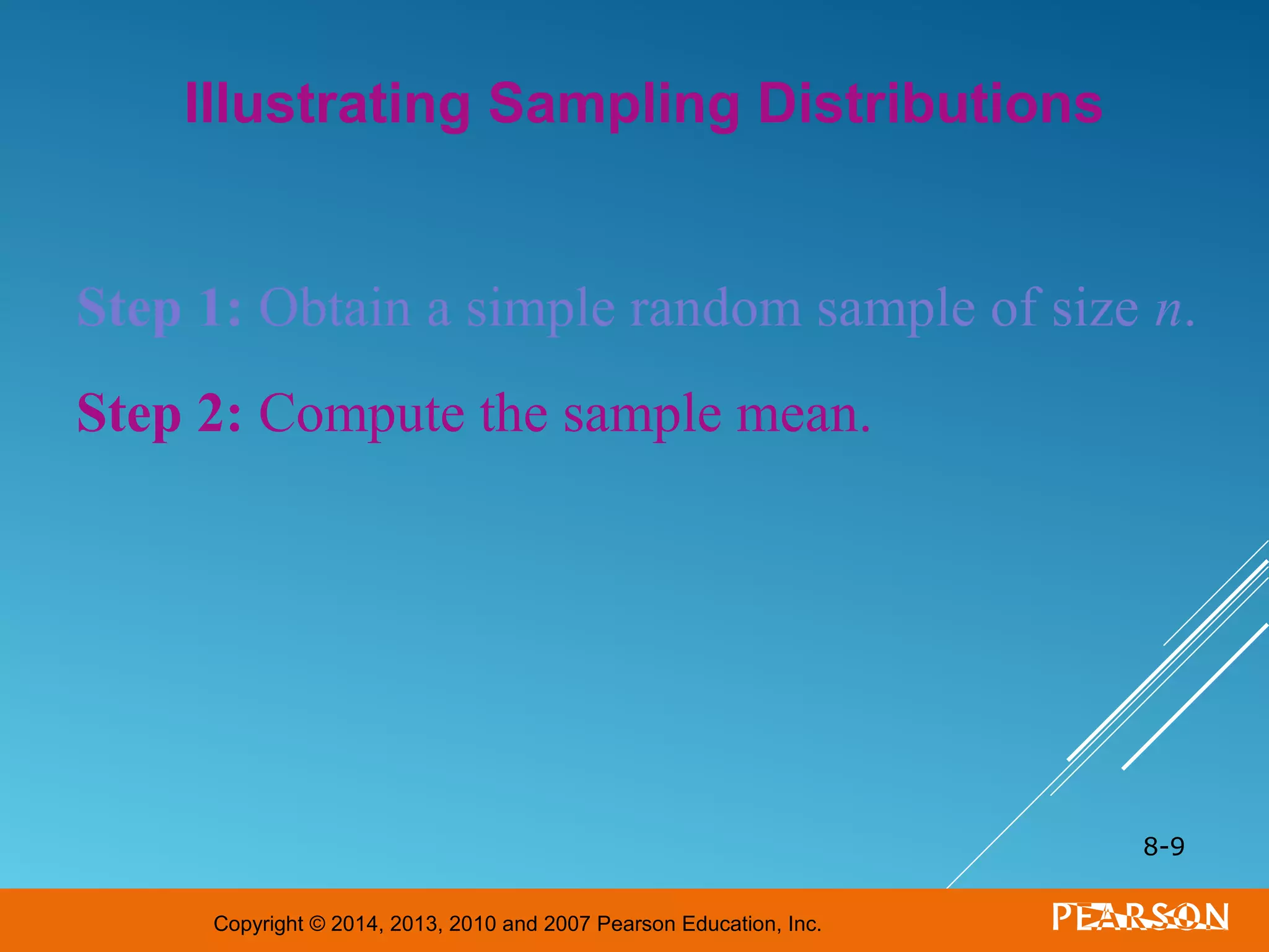 Copyright © 2014, 2013, 2010 and 2007 Pearson Education, Inc.
8-9
Illustrating Sampling Distributions
Step 1: Obtain a simple random sample of size n.
Step 2: Compute the sample mean.
 