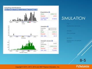 Copyright © 2014, 2013, 2010 and 2007 Pearson Education, Inc.
SIMULATION
Top :
Distribution of Coins
Middle:
One Sample
Bottom:
Distribution of sample
means
8-5
 