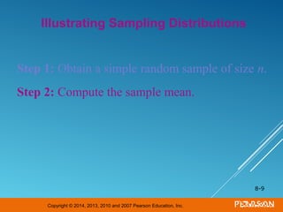 Copyright © 2014, 2013, 2010 and 2007 Pearson Education, Inc.
8-9
Illustrating Sampling Distributions
Step 1: Obtain a simple random sample of size n.
Step 2: Compute the sample mean.
 