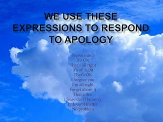 Never mind
         It’s OK
   That’s all right
      It’s all right
       That’s OK
     I forgive you
      I’m all right
   Forget about it
       That’s fine
Please don’t be sorry
  It doesn’t matter
     No problem
 
