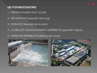 LES POTABILITZADORES
1-. PRETRACTAMENT (PAX i CLOR)
2-. DECANTACIÓ (expulsió del fang)
3-. FILTRACIÓ (expulsió de la sorra)
4-. CLORACIÓ I EMAGATZAMENT I DISTRIBUCIÓ (guardar l’aigua)
5-. XARXA DE DISTRIBUCIÓ (arriba a les cases)
 