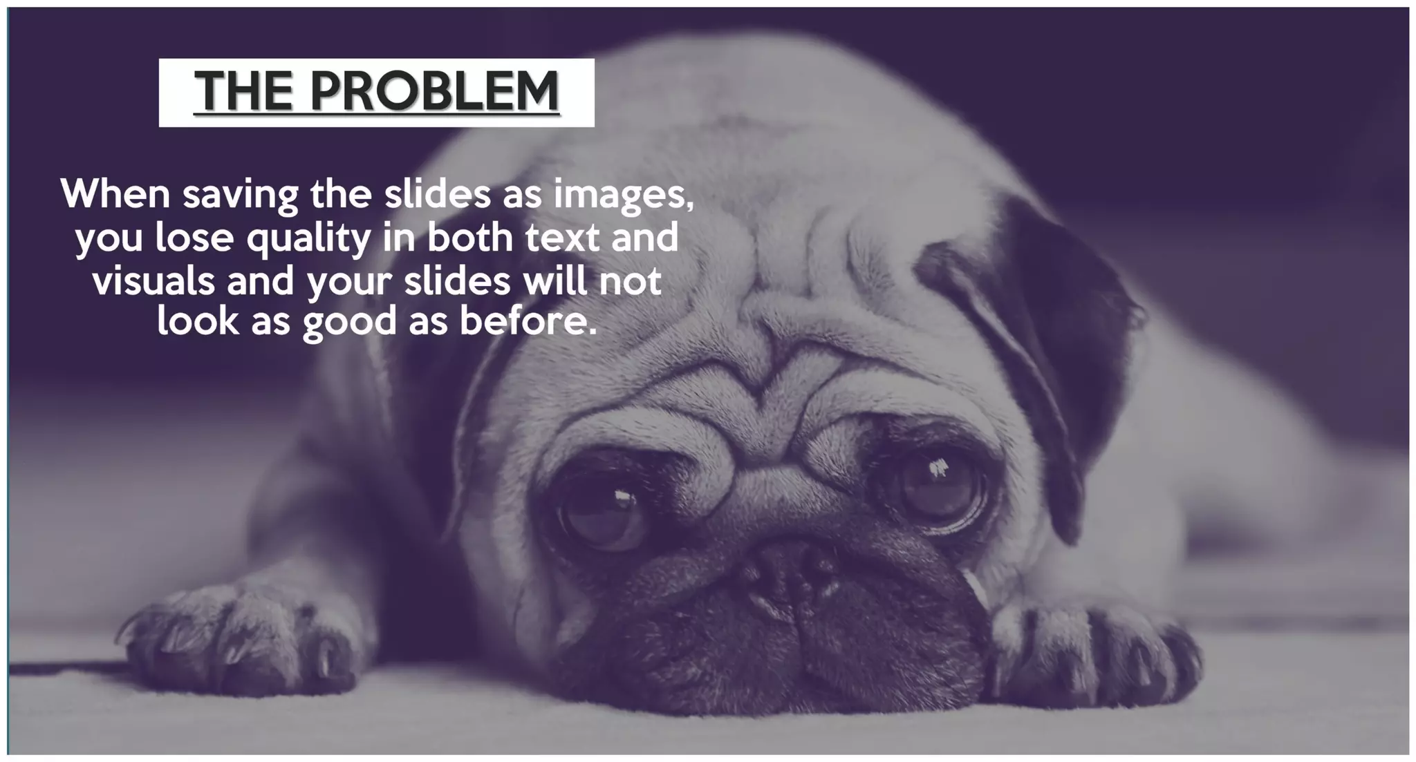 When saving the slides as images,
you lose quality in both text and
visuals and your slides will not
look as good as before.
THE PROBLEM
 