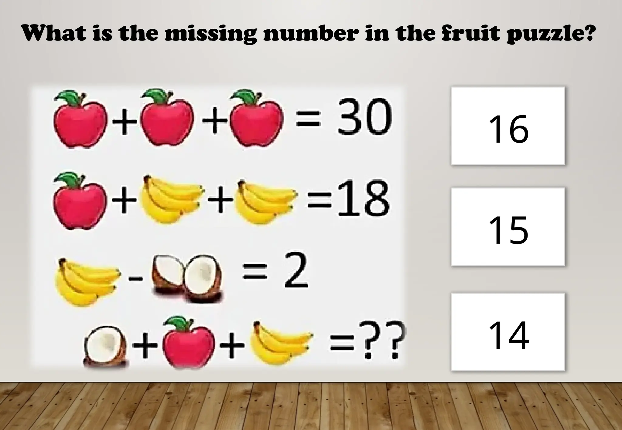 What is the missing number in the fruit puzzle?
16
14
15
 
