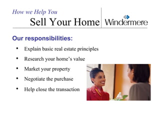 How we Help You Sell Your Home <ul><li>Our responsibilities: </li></ul><ul><ul><li>Explain basic real estate principles </...