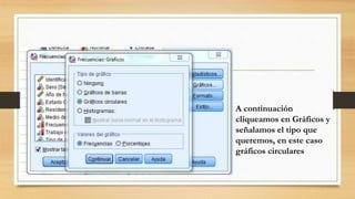 A continuación
cliqueamos en Gráficos y
señalamos el tipo que
queremos, en este caso
gráficos circulares
 