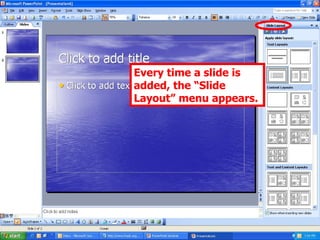 Every time a slide is added, the “Slide Layout” menu appears. 