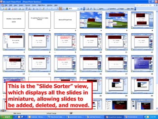 This is the “Slide Sorter” view, which displays all the slides in miniature, allowing slides to be added, deleted, and moved. 