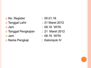 No. Register
 Tanggal Lahir
 Jam
 Tanggal Pengkajian
 Jam
 Nama Pengkaji


:
:
:
:
:
:

00.01.16
21 Maret 2012
08.16 WITA
21 Maret 2012
08.16 WITA
Kelompok IV

 