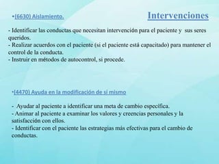 •(6630) Aislamiento.                                     Intervenciones
- Identificar las conductas que necesitan intervención para el paciente y sus seres
queridos.
- Realizar acuerdos con el paciente (si el paciente está capacitado) para mantener el
control de la conducta.
- Instruir en métodos de autocontrol, si procede.




 •(4470) Ayuda en la modificación de sí mismo

 - Ayudar al paciente a identificar una meta de cambio específica.
 - Animar al paciente a examinar los valores y creencias personales y la
 satisfacción con ellos.
 - Identificar con el paciente las estrategias más efectivas para el cambio de
 conductas.
 