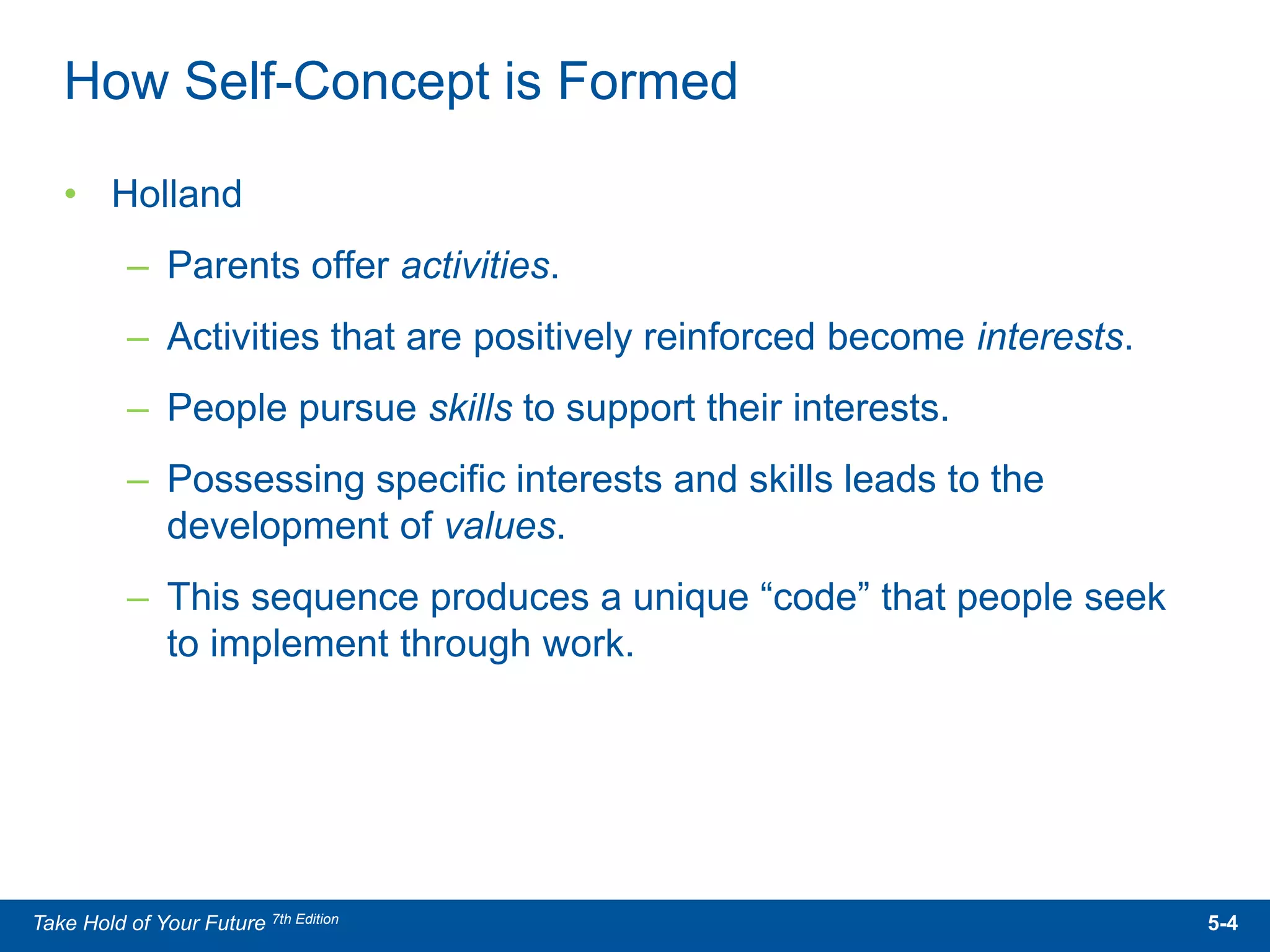 • Holland
– Parents offer activities.
– Activities that are positively reinforced become interests.
– People pursue skills to support their interests.
– Possessing specific interests and skills leads to the
development of values.
– This sequence produces a unique “code” that people seek
to implement through work.
How Self-Concept is Formed
5-4Take Hold of Your Future 7th Edition
 