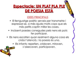 Espectacle: UN PLAT PLA PLE DE POESIA ESTÀ IDEES PRINCIPALS El llenguatge poètic serveix per transmetre i expressar-se, a més ajuda molts cops que els més petits captin millor les coses. Incloent poesies conegudes pels nens els pots fer participar. Els nens escolten quan realment alguna cosa els crida l’atenció, i la poesia és una. Els infants: repetien, cridaven, miraven, s’aixecaven, participaven. 