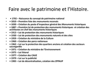 Faire avec le patrimoine et l’Histoire.
• • 1792 – Naissance du concept de patrimoine national
• • 1810 – Première liste des monuments recensés
• • 1830 – Création du poste d’inspecteur général des Monuments historiques
• • 1887 – Première loi de protection des monuments historiques et création des
architectes en chef des monuments historiques
• • 1913 – Loi de protection des monuments historiques
• • 1930 – Loi de protection des monuments naturels et des sites
• • 1959 – Création du ministère de la Culture
• • 1960 – Création des parcs nationaux
• • 1962 – Loi sur la protection des quartiers anciens et création des secteurs
sauvegardés
• • 1971 – Création du ministère de l’Environnement
• • 1975 – Loi littoral
• • 1977 – Création des CAUE
• • 1979 – Loi sur la publicité
• • 1983 – Loi de décentralisation, création des ZPPAUP
 