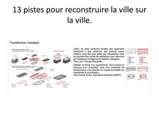 13 pistes pour reconstruire la ville sur
la ville.
 