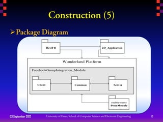 
                                RestFB                         2D_Application




                                         Wonderland Platform

                    FacebookGroupIntegration_Module




                       Client                 Common                  Server




                                                                    «subsystem»
                                                                    PsterModule



03 September 2012                                                                 17
 
