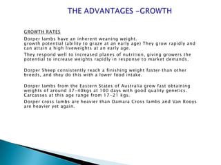 GROWTH RATES
Dorper lambs have an inherent weaning weight.
growth potential (ability to graze at an early age) They grow rapidly and
can attain a high liveweights at an early age.
They respond well to increased planes of nutrition, giving growers the
potential to increase weights rapidly in response to market demands.

Dorper Sheep consistently reach a finishing weight faster than other
breeds, and they do this with a lower food intake.

Dorper lambs from the Eastern States of Australia grow fast obtaining
weights of around 37-40kgs at 100 days with good quality genetics.
Carcasses at this age range from 17 -21 kgs.
Dorper cross lambs are heavier than Damara Cross lambs and Van Rooys
are heavier yet again.
 