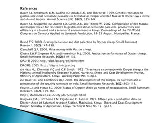 References
Baker R.L. Mwamachi D.M. Audho J.O. Aduda E.O. and Thorpe W. 1999. Genetic resistance to
gastro-intestinal nematode parasites in Red Maasai, Dorper and Red Maasai X Dorper ewes in the
sub-humid tropics. Animal Science (UK). 69(2), 335-344.
Baker R.L. Mugambi J.M. Audho J.O. Carles A.B. and Thorpe W. 2002. Comparision of Red Maasai
and Dorper sheep for resistance to gastro-intestinal nematode parasites, productivity and
efficiency in a humid and a semi-arid environment in Kenya. Proceedings of the 7th World
Congress on Genetics Applied to Livestock Production, 18-23 August, Montpellier, France.


Brand T.S. 2000. Grazing behaviour and diet selection by Dorper sheep. Small Ruminant
Research. 36(2):147-158.
Campbell Q.P. 2000. Make money with Mutton sheep.
Cloete S.W.P. Snyman M.A. and Herselman M.J. 2000. Productive performance of Dorper sheep.
Small Ruminant Research. 36(2):119-136.
DAD-IS 2005: http://dad.fao.org/en/home.htm
DAGRIS, 2005: http://dagris.ilri.cgiar.org
de Haas H.J. Chemitei V.C and G.P. Smith. 1973. Three years experience with Dorper sheep a the
National animal Husbandry Research Station, Naivasha. Sheep and Goat Development Project,
Ministry of Agriculture, Kenya. Working Paper No. 4. pp.5.
de Waal H.O. and Combrinck W.J. 2000. The development of the Dorper, its nutrition and a
perspective of the grazing ruminant on veld. Small Ruminant Research. 36(2):103-118.
Fourie L.J. and Horak I.G. 2000. Status of Dorper sheep as hosts of ectoparasites. Small Ruminant
Research. 36(2), 159-164.
http://studbook.co.za/society/dorper/right.html
King'oku J.M. J. N'Thome E.M. Ogutu and C. Rakozi. 1975. Fifteen years production data on
Dorper sheep at Katumani research Station, Machakos, Kenya. Sheep and Goat Development
Project, Ministry of Agriculture, Kenya. Technical Note No. 12. pp.12.
 
