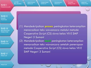 E. Tujuan Penelitian
(1) Mendeskripsikan proses peningkatan keterampilan
menarasikan teks wawancara melalui metode
Cooperative Script (CS) siswa kelas VII E SMP
Negeri 3 Sumani
(2) Mendeskripsikan hasil peningkatan keterampilan
menarasikan teks wawancara setelah penerapan
metode Cooperative Script (CS) siswa kelas VII E
SMP Negeri 3 Sumani
LATAR
BELAKANG
IDENTIFIKASI
MASALAH
PEMBATASAN
MASALAH
PERUMUSAN
MASALAH
TUJUAN
PENELITIAN
MANFAAT
PENELITIAN
BAB I
PENDAHULUAN
BAB II
KAJIAN
PUSTAKA
BAB III
METODOLOGI
PENELITIAN
PENUTUP
BAB IV
PEMBAHSAN
BAB V
PENUTUP
 