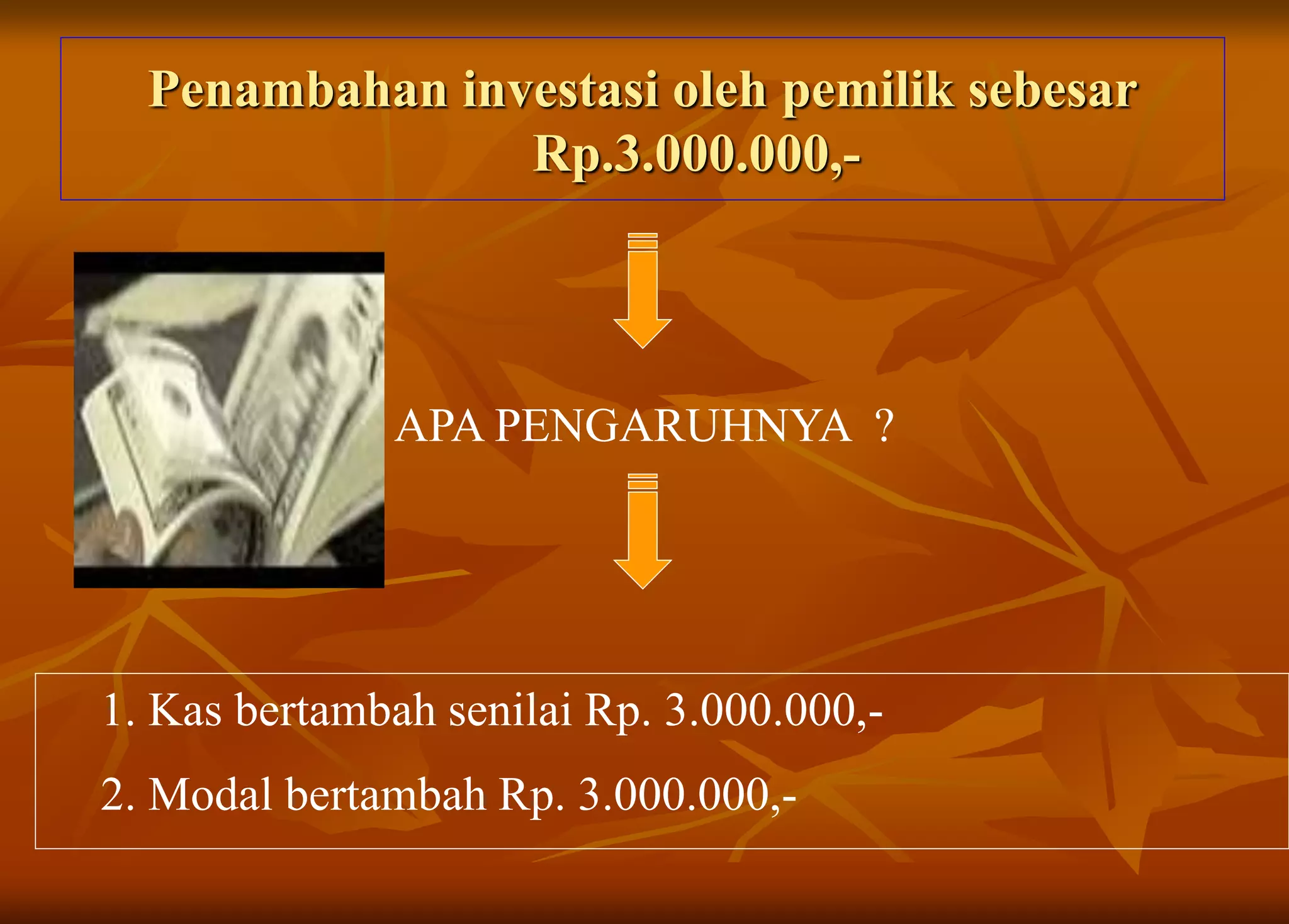 Penambahan investasi oleh pemilik sebesar
Rp.3.000.000,-
APA PENGARUHNYA ?
1. Kas bertambah senilai Rp. 3.000.000,-
2. Modal bertambah Rp. 3.000.000,-
 