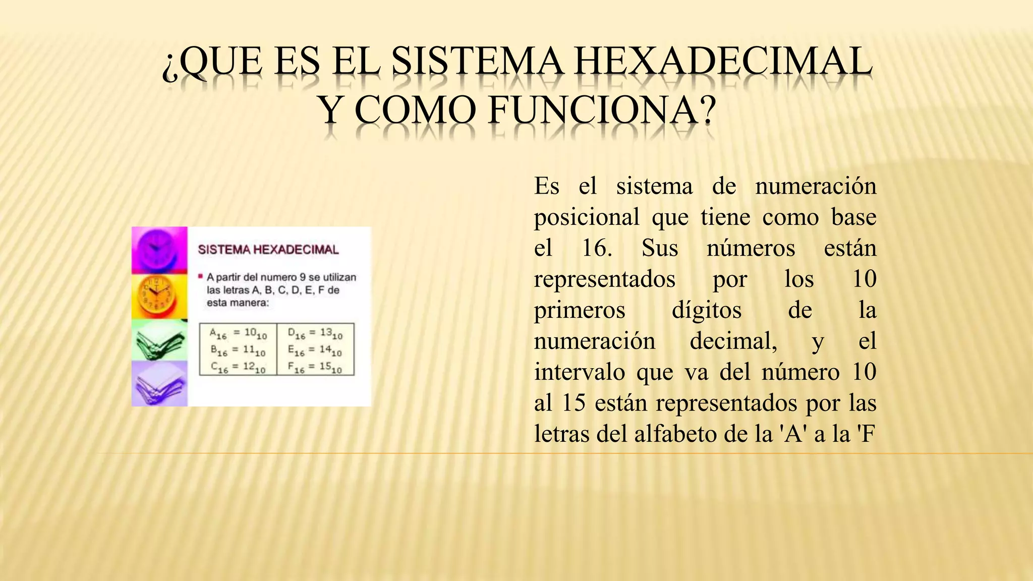 ¿QUE ES EL SISTEMA HEXADECIMAL
Y COMO FUNCIONA?
Es el sistema de numeración
posicional que tiene como base
el 16. Sus números están
representados por los 10
primeros dígitos de la
numeración decimal, y el
intervalo que va del número 10
al 15 están representados por las
letras del alfabeto de la 'A' a la 'F
 