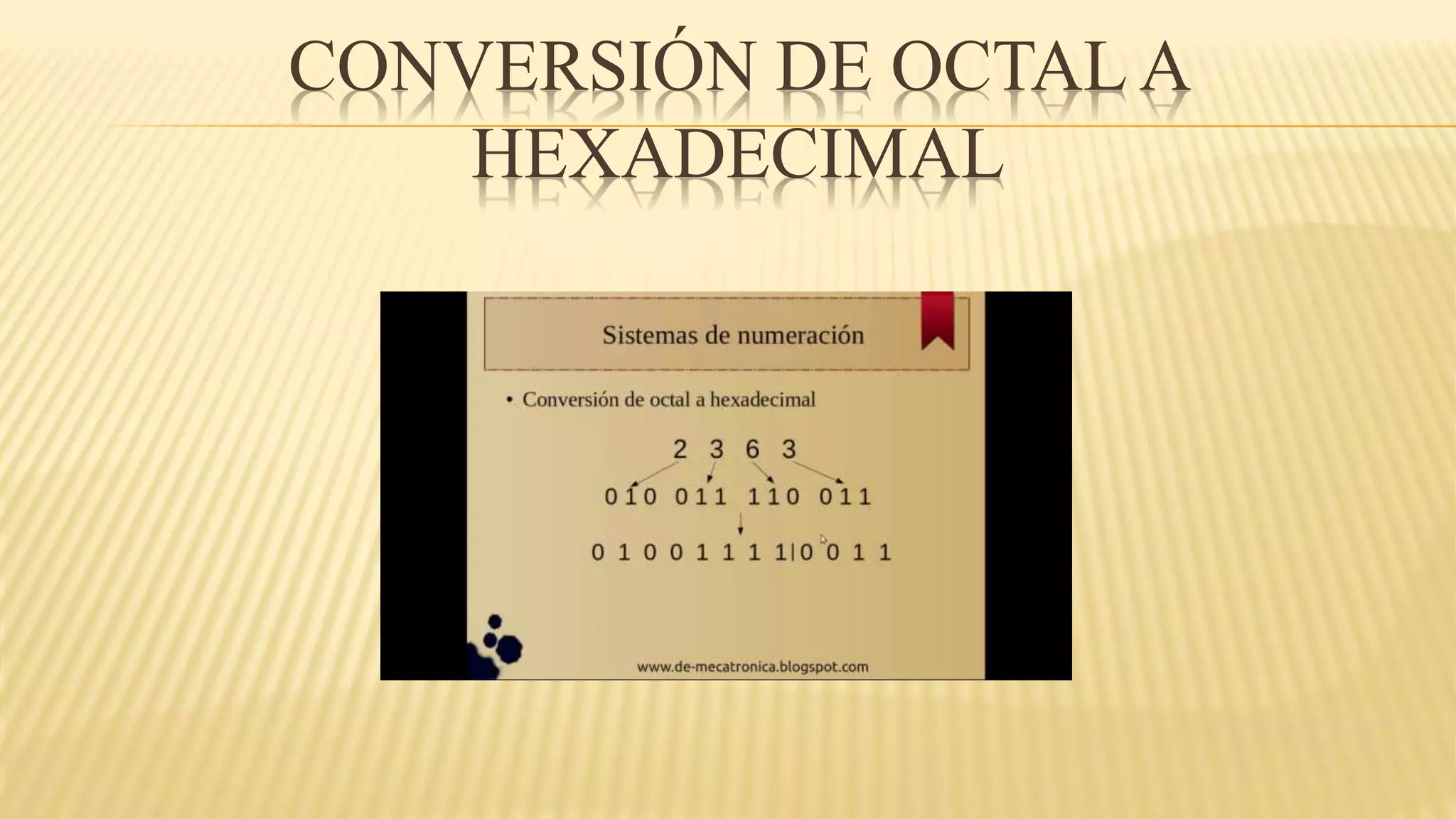 CONVERSIÓN DE OCTAL A
HEXADECIMAL
 