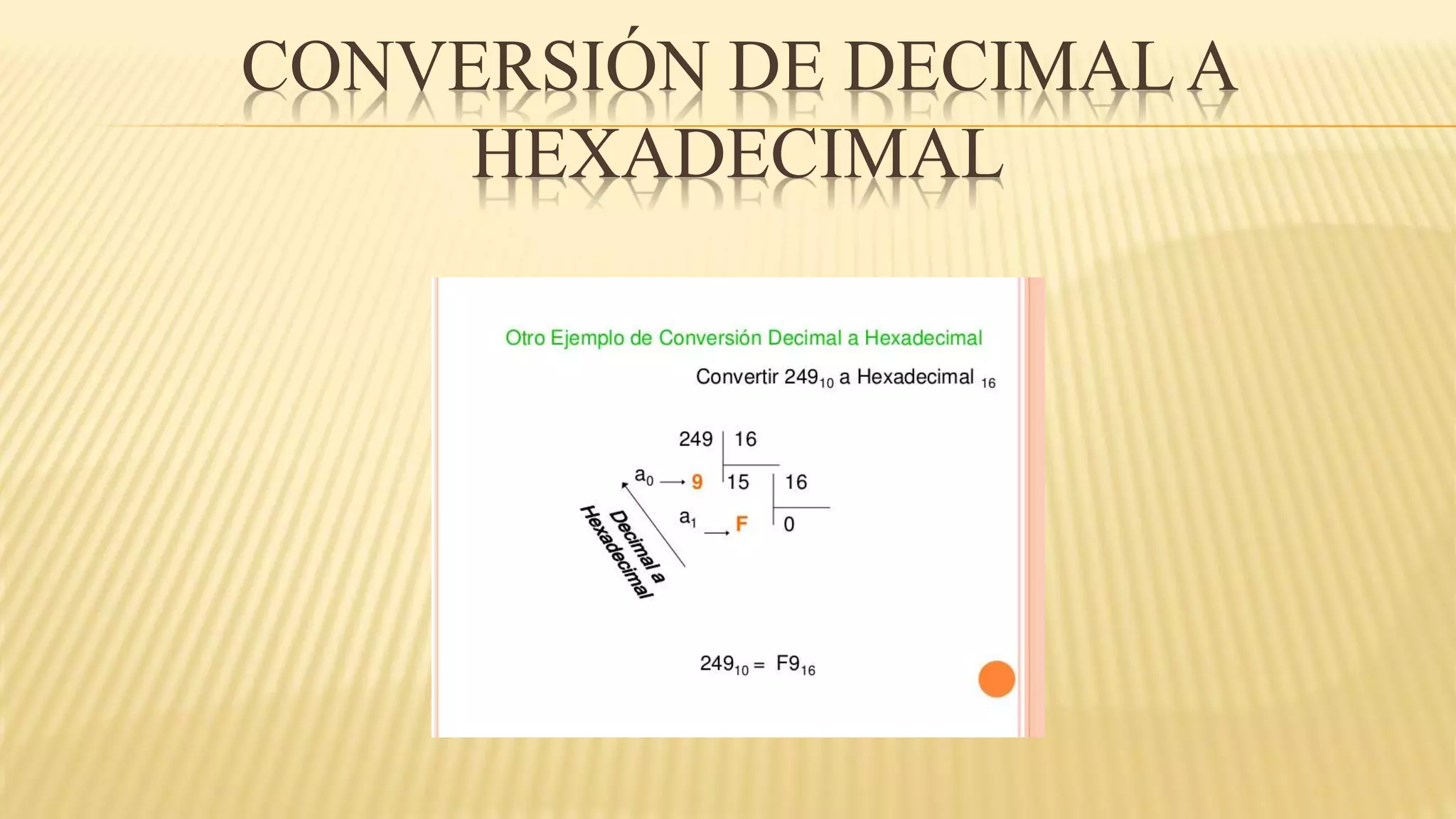 CONVERSIÓN DE DECIMAL A
HEXADECIMAL
 