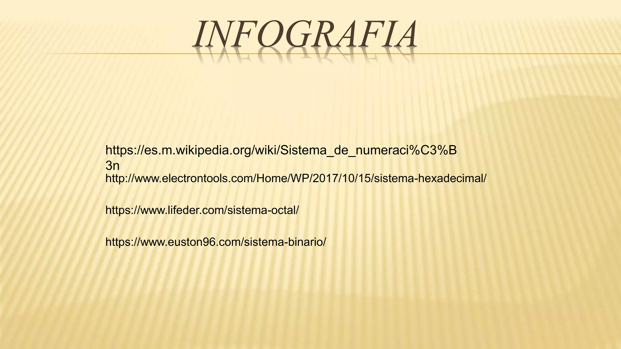 INFOGRAFIA
https://es.m.wikipedia.org/wiki/Sistema_de_numeraci%C3%B
3n
http://www.electrontools.com/Home/WP/2017/10/15/sistema-hexadecimal/
https://www.lifeder.com/sistema-octal/
https://www.euston96.com/sistema-binario/
 