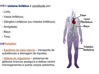 O  sistema linfático  é  constituído  por:  - Linfa; - Vasos linfáticos; - Gânglios Linfáticos (ou nódulos linfáticos); - Amígdalas; - Baço; - Timo.  Funções : -  Equilíbrio do meio interno  – transporte de substâncias e drenagem de líquidos; -  Defesa do organismo  – presença de glóbulos brancos assegura a defesa contra microrganismos e outros corpos estranhos. 