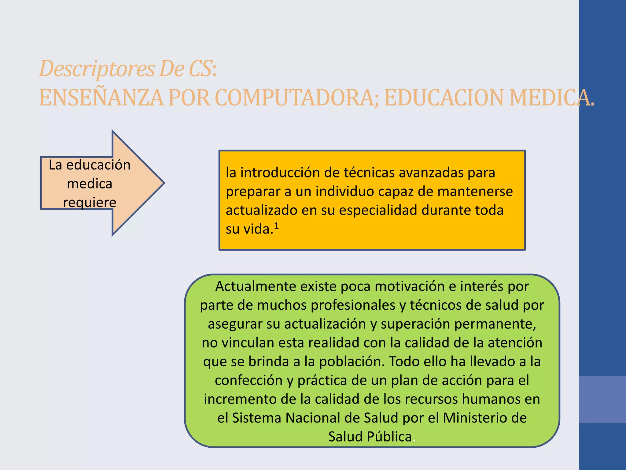 Descriptores De CS:
ENSEÑANZA POR COMPUTADORA; EDUCACION MEDICA.
La educación
medica
requiere

la introducción de técnicas avanzadas para
preparar a un individuo capaz de mantenerse
actualizado en su especialidad durante toda
su vida.1

Actualmente existe poca motivación e interés por
parte de muchos profesionales y técnicos de salud por
asegurar su actualización y superación permanente,
no vinculan esta realidad con la calidad de la atención
que se brinda a la población. Todo ello ha llevado a la
confección y práctica de un plan de acción para el
incremento de la calidad de los recursos humanos en
el Sistema Nacional de Salud por el Ministerio de
Salud Pública.

 