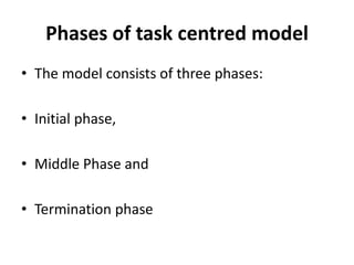 Phases of task centred model
• The model consists of three phases:
• Initial phase,
• Middle Phase and
• Termination phase
 