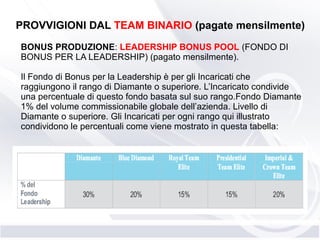 BONUS PRODUZIONE: LEADERSHIP BONUS POOL (FONDO DI
BONUS PER LA LEADERSHIP) (pagato mensilmente).
Il Fondo di Bonus per la Leadership è per gli Incaricati che
raggiungono il rango di Diamante o superiore. L’Incaricato condivide
una percentuale di questo fondo basata sul suo rango.Fondo Diamante
1% del volume commissionabile globale dell’azienda. Livello di
Diamante o superiore. Gli Incaricati per ogni rango qui illustrato
condividono le percentuali come viene mostrato in questa tabella:
PROVVIGIONI DAL TEAM BINARIO (pagate mensilmente)
 