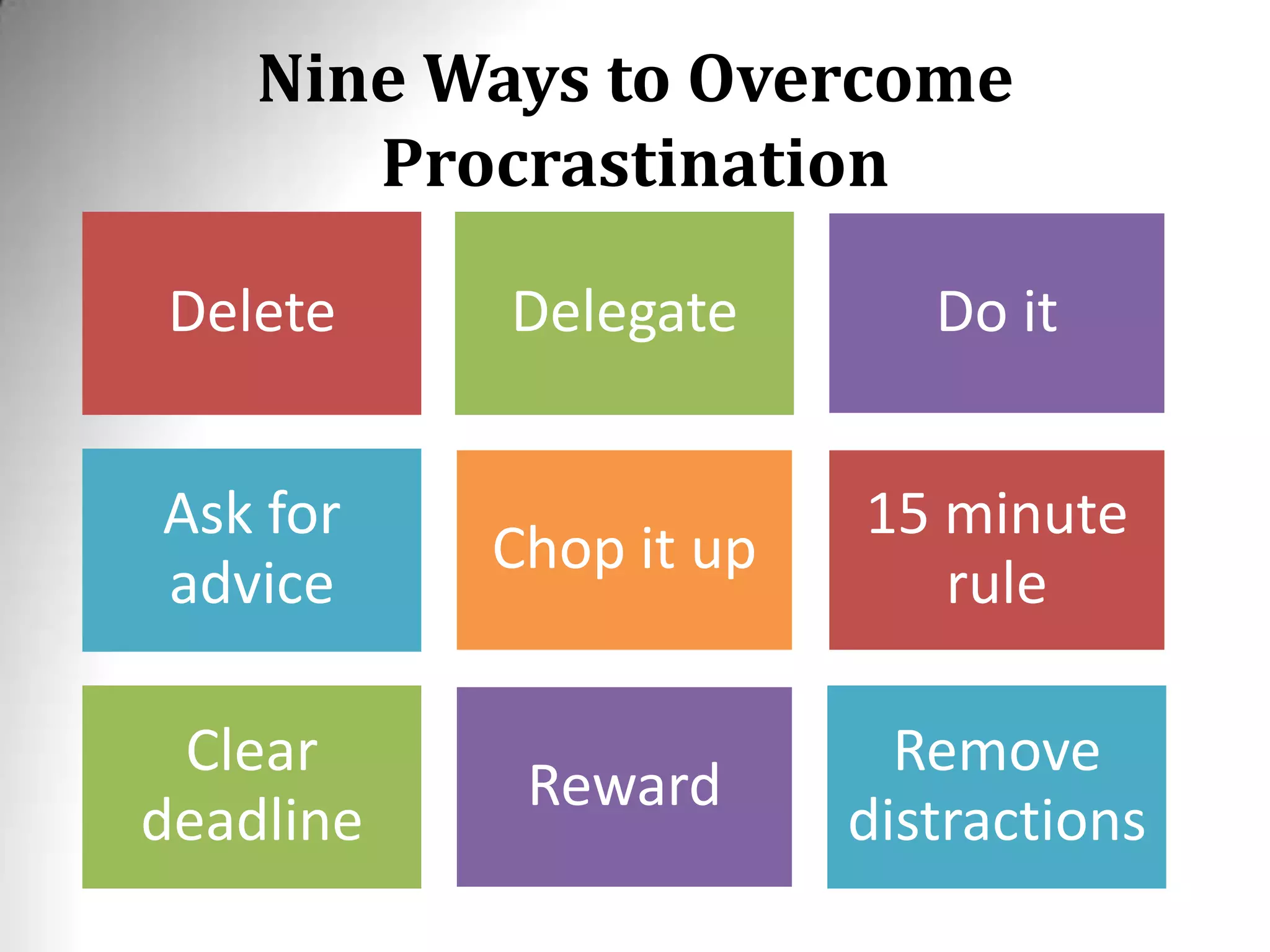 Nine Ways to Overcome
Procrastination
Delete Delegate Do it
Ask for
advice
Chop it up
15 minute
rule
Clear
deadline
Reward
Remove
distractions
 