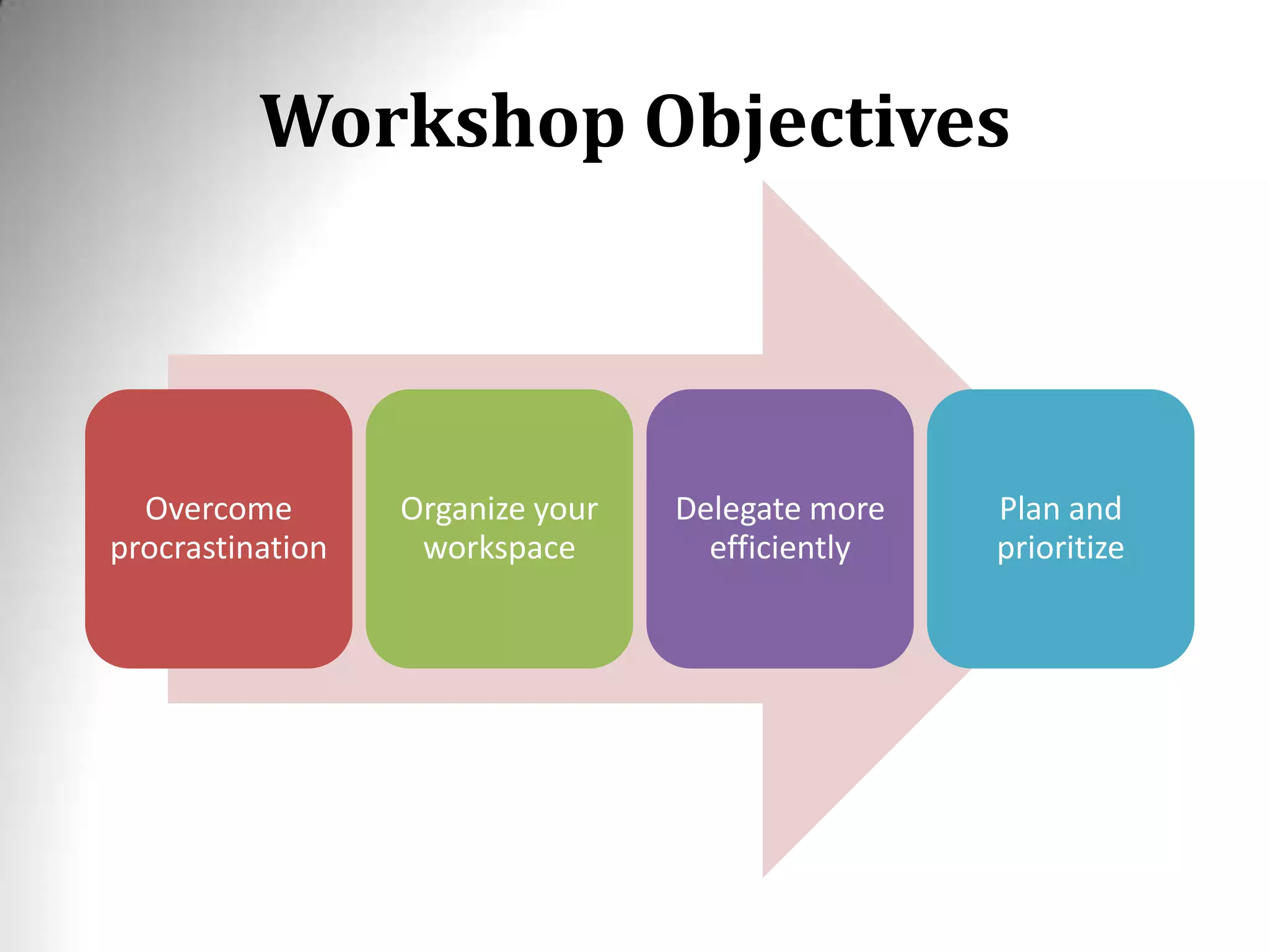 Workshop Objectives
Overcome
procrastination
Organize your
workspace
Delegate more
efficiently
Plan and
prioritize
 