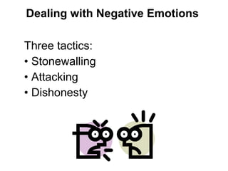 Three tactics:
• Stonewalling
• Attacking
• Dishonesty
Dealing with Negative Emotions
 