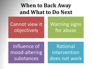 When to Back Away
and What to Do Next
Cannot view it
objectively
Warning signs
for abuse
Influence of
mood-altering
substances
Rational
intervention
does not work
 