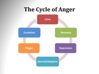 The Cycle of Anger
Crisis
Recovery
Depression
Normal/Adaptive
Trigger
Escalation
 