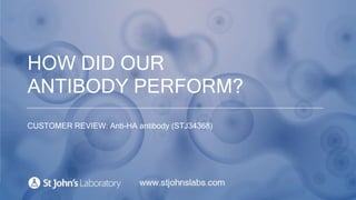 HOW DID OUR
ANTIBODY PERFORM?
CUSTOMER REVIEW: HA Tag Monoclonal Antibody (STJ34368)
 
