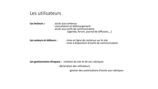 Les utilisateurs
Les lecteurs :· . accès aux contenus
· consultation et téléchargement
· accès aux outils de communication
(agenda, forum, journal de diffusion,…)
Les auteurs et éditeurs : . mise en ligne de contenus sur le site
. mise à disposition d'outils de communication
Les gestionnaires d’espace : · création du site et de ses rubriques
· déclaration des utilisateurs
· gestion des autorisations d'accès aux rubriques
 