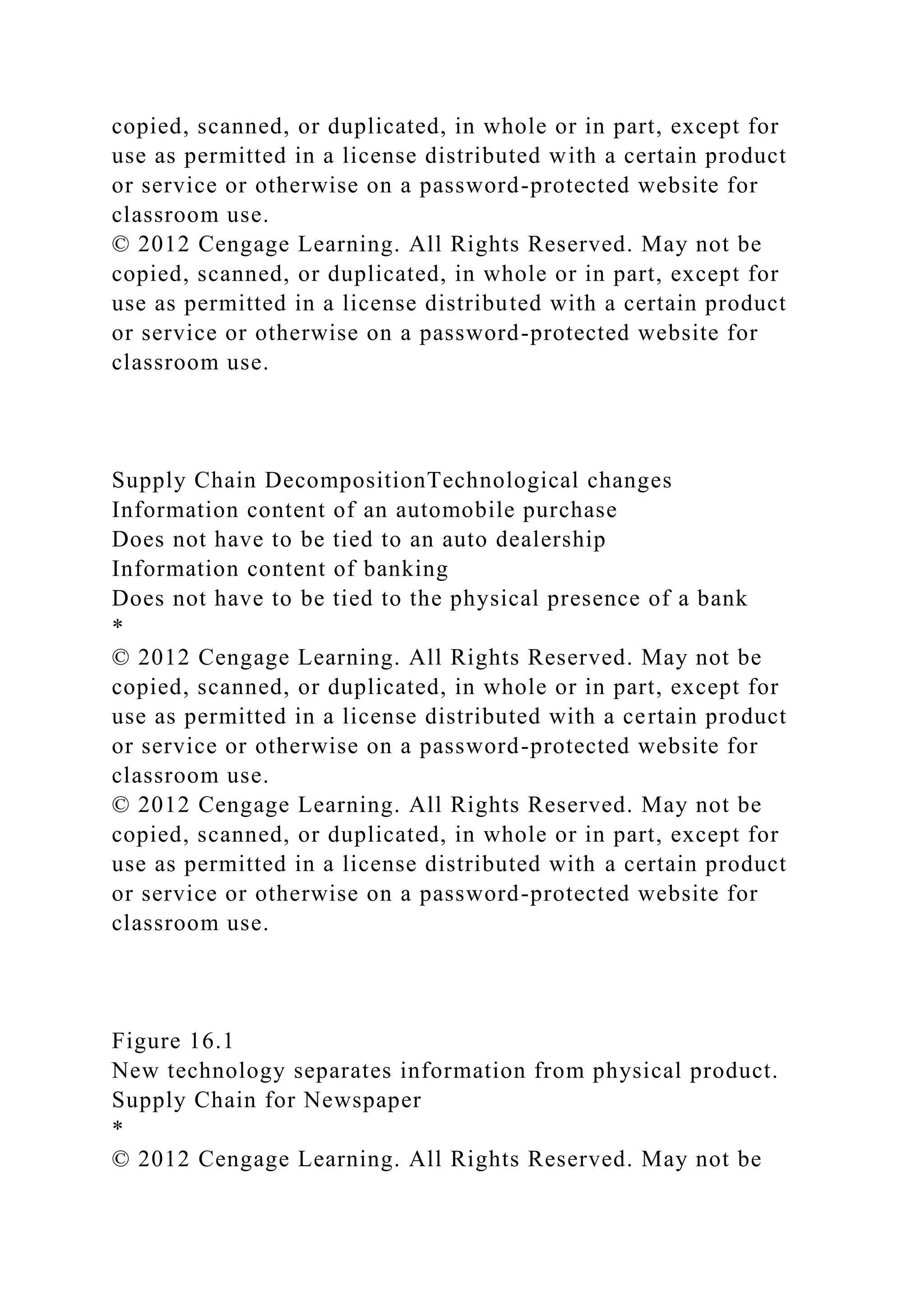 copied, scanned, or duplicated, in whole or in part, except for
use as permitted in a license distributed with a certain product
or service or otherwise on a password-protected website for
classroom use.
© 2012 Cengage Learning. All Rights Reserved. May not be
copied, scanned, or duplicated, in whole or in part, except for
use as permitted in a license distributed with a certain product
or service or otherwise on a password-protected website for
classroom use.
Supply Chain DecompositionTechnological changes
Information content of an automobile purchase
Does not have to be tied to an auto dealership
Information content of banking
Does not have to be tied to the physical presence of a bank
*
© 2012 Cengage Learning. All Rights Reserved. May not be
copied, scanned, or duplicated, in whole or in part, except for
use as permitted in a license distributed with a certain product
or service or otherwise on a password-protected website for
classroom use.
© 2012 Cengage Learning. All Rights Reserved. May not be
copied, scanned, or duplicated, in whole or in part, except for
use as permitted in a license distributed with a certain product
or service or otherwise on a password-protected website for
classroom use.
Figure 16.1
New technology separates information from physical product.
Supply Chain for Newspaper
*
© 2012 Cengage Learning. All Rights Reserved. May not be
 