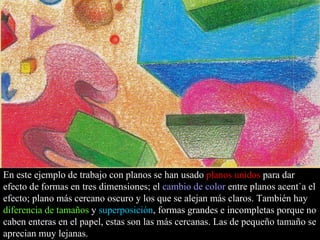 En este ejemplo de trabajo con planos se han usado  planos unidos  para dar efecto de formas en tres dimensiones; el  cambio de color  entre planos acentúa el efecto; plano más cercano oscuro y los que se alejan más claros. También hay  diferencia de tamaños  y  superposición , formas grandes e incompletas porque no caben enteras en el papel, estas son las más cercanas. Las de pequeño tamaño se aprecian muy lejanas. 