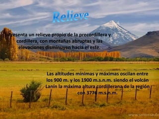 Presenta un relieve propio de la precordillera y 
cordillera, con montañas abruptas y las 
elevaciones disminuyen hacia el este. 
Las altitudes mínimas y máximas oscilan entre 
los 900 m. y los 1900 m.s.n.m. siendo el volcán 
Lanín la máxima altura cordillerana de la región 
con 3776 m.s.n.m. 
 