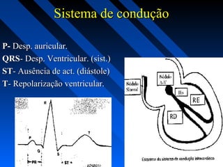P-P- Desp. auricular.Desp. auricular.
QRSQRS- Desp. Ventricular. (sist.)- Desp. Ventricular. (sist.)
STST- Ausência de act. (diástole)- Ausência de act. (diástole)
TT- Repolarização ventricular.- Repolarização ventricular.
Sistema de conduçãoSistema de condução
 