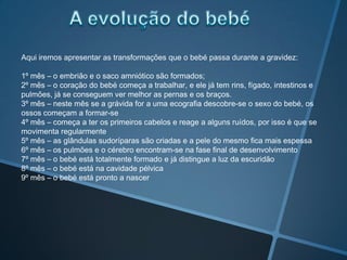 Aqui iremos apresentar as transformações que o bebé passa durante a gravidez:

1º mês – o embrião e o saco amniótico são formados;
2º mês – o coração do bebé começa a trabalhar, e ele já tem rins, fígado, intestinos e
pulmões, já se conseguem ver melhor as pernas e os braços.
3º mês – neste mês se a grávida for a uma ecografia descobre-se o sexo do bebé, os
ossos começam a formar-se
4º mês – começa a ter os primeiros cabelos e reage a alguns ruídos, por isso é que se
movimenta regularmente
5º mês – as glândulas sudoríparas são criadas e a pele do mesmo fica mais espessa
6º mês – os pulmões e o cérebro encontram-se na fase final de desenvolvimento
7º mês – o bebé está totalmente formado e já distingue a luz da escuridão
8º mês – o bebé está na cavidade pélvica
9º mês – o bebé está pronto a nascer
 