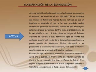 CLASIFICACIÓN DE LA EXTRADICIÓN
ACTIVA
Acto de petición del país requirente al país donde se encuentra
el individuo. Así mismo en el Art. 392 del COPP se establece
que Cuando el Ministerio Público tuviere noticias de que un
imputado o imputada al cual le ha sido acordada medida
cautelar de privación de libertad, se halla en país extranjero,
solicitará al Juez o Jueza de Control inicie el procedimiento de
la extradición activa. A tales fines se dirigirá al Tribunal
Supremo de Justicia, el cual, dentro del lapso de treinta días
contados a partir del recibo de la documentación pertinente y
previa opinión del Ministerio Público, declarará si es
procedente o no solicitar la extradición, y en caso afirmativo,
remitirá copia de lo actuado al Ejecutivo Nacional.
En caso de fuga del acusado sometido o la acusada sometida a
juicio oral y público, el trámite ante el Tribunal Supremo de
Justicia le corresponderá al Juez o Jueza de Juicio. Si el
fugado o fugada fuere quien esté o está cumpliendo condena el
trámite le corresponderá al Juez o Jueza de Ejecución.
 