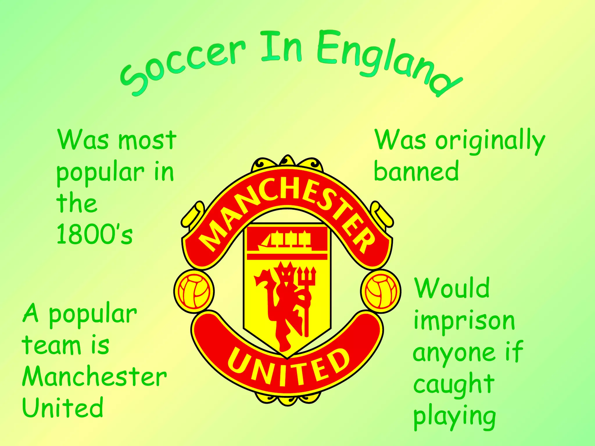 Soccer In England A popular team is Manchester United Was originally   banned Would imprison anyone if caught playing   Was most popular in the 1800’s   