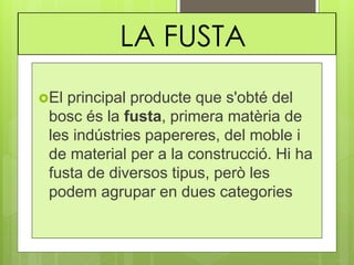 LA FUSTA
El principal producte que s'obté del
bosc és la fusta, primera matèria de
les indústries papereres, del moble i
de material per a la construcció. Hi ha
fusta de diversos tipus, però les
podem agrupar en dues categories
 