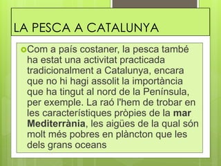 LA PESCA A CATALUNYA
Com a país costaner, la pesca també
ha estat una activitat practicada
tradicionalment a Catalunya, encara
que no hi hagi assolit la importància
que ha tingut al nord de la Península,
per exemple. La raó l'hem de trobar en
les característiques pròpies de la mar
Mediterrània, les aigües de la qual són
molt més pobres en plàncton que les
dels grans oceans
 