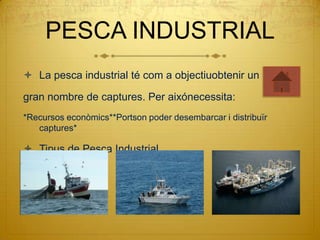 PESCA INDUSTRIAL
 La pesca industrial té com a objectiuobtenir un

gran nombre de captures. Per aixónecessita:
*Recursos econòmics**Portson poder desembarcar i distribuïr
   captures*

 Tipus de Pesca Industrial…
 